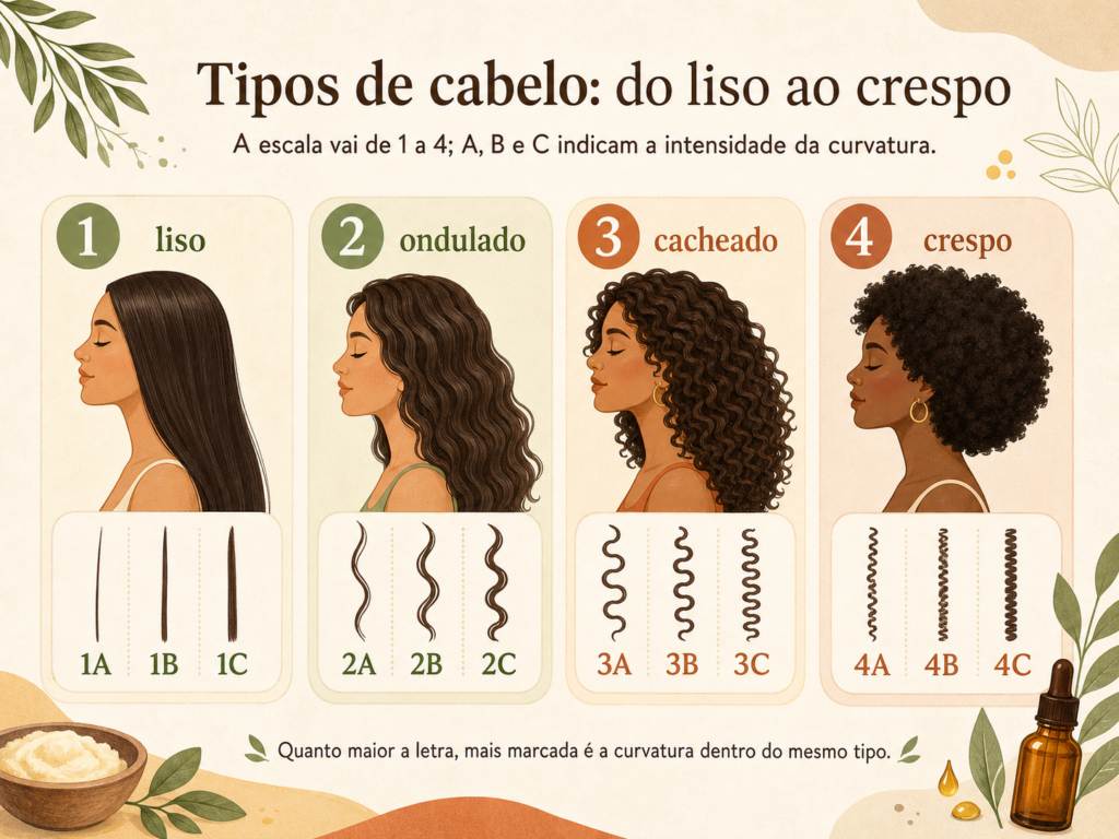 ilustração mostrando os tipos de cabelo, do liso ao crespo, com subcategorias de 1A a 4C
