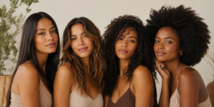 fotografia criada por inteligência artificial mostrando 4 mulheres com 4 tipos de cabelo diferentes