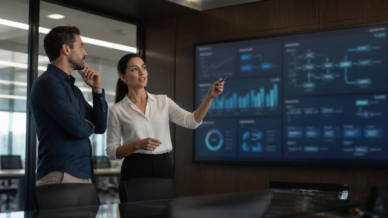 CTO e líder de produto analisando arquitetura de embedded finance em um escritório corporativo